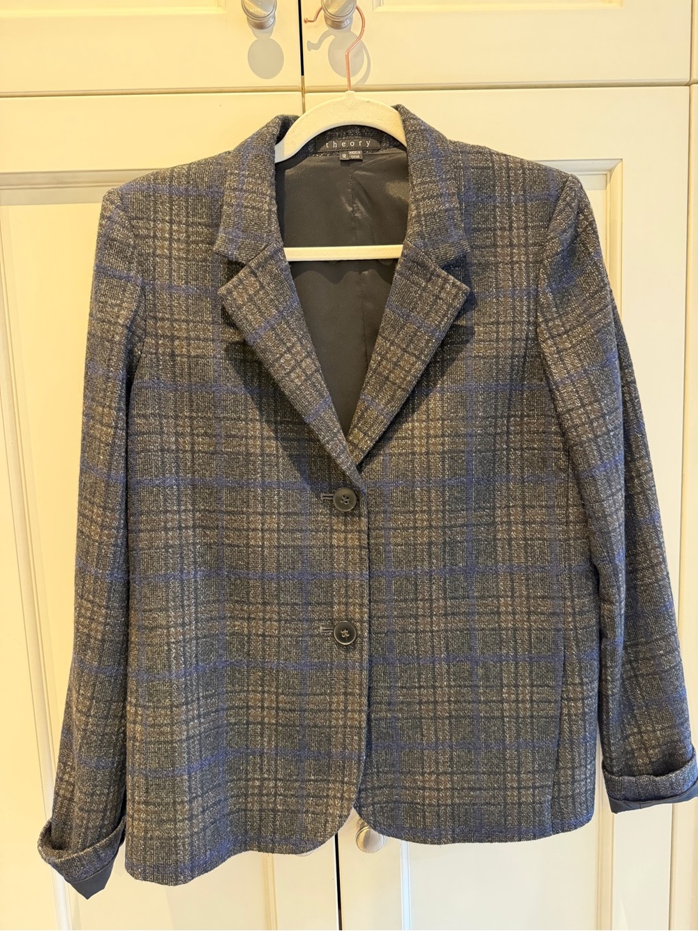 Theory Gray Plaid Blazer with Subtle Blue Windowpane